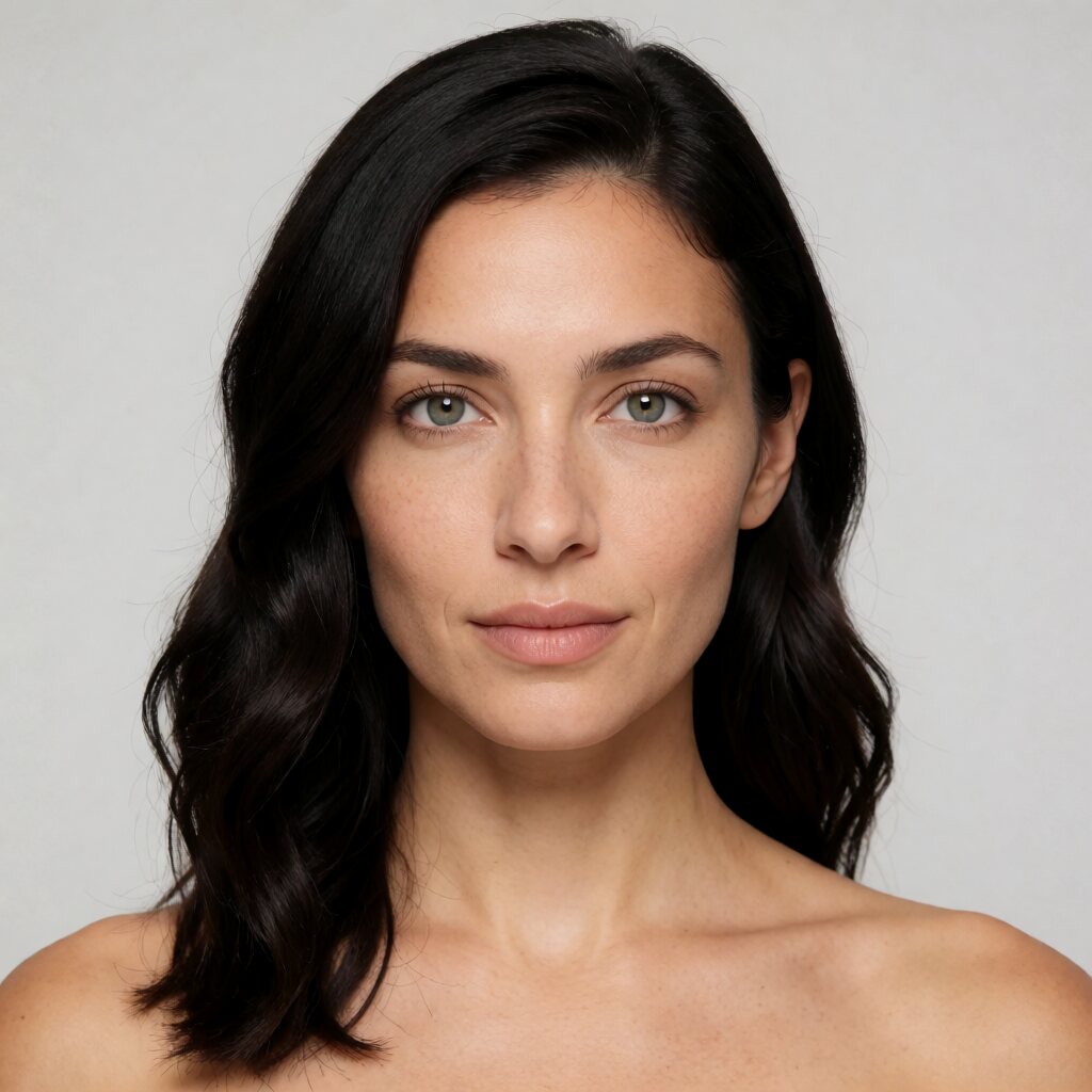 close-up, front view at eye level, bare shoulders, plain light gray background, soft even lighting
