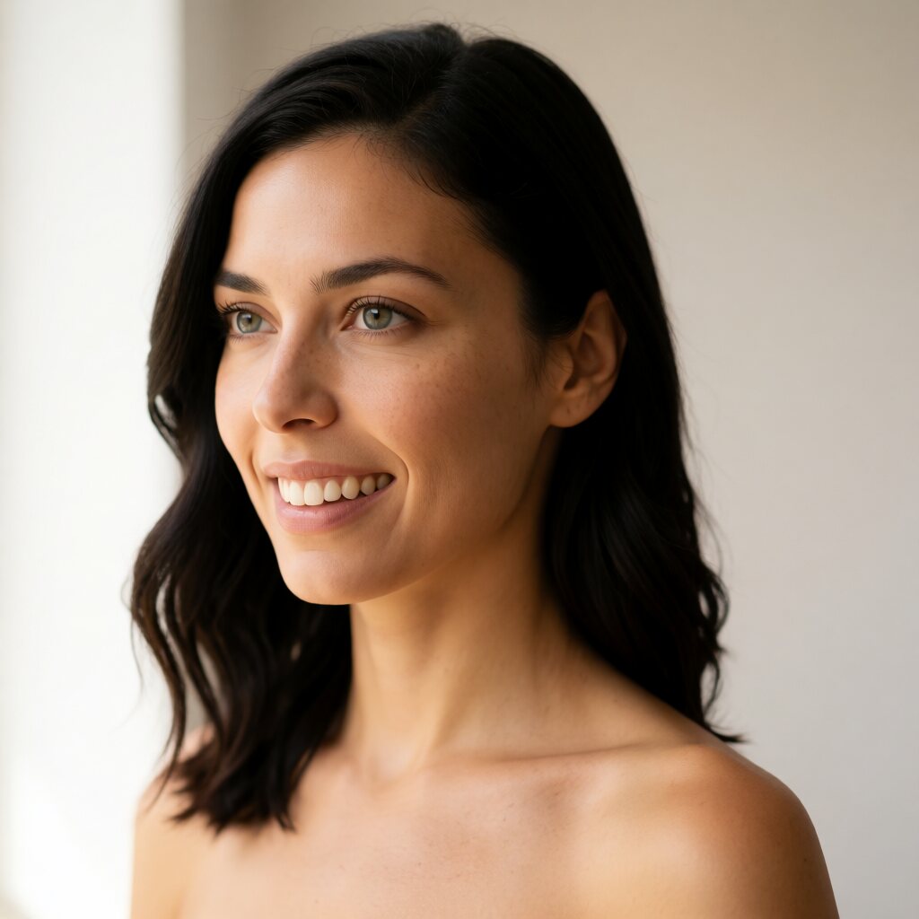 close-up portrait, slight oblique angle at eye level, bare shoulders, soft neutral indoor background, diffused natural lighting
