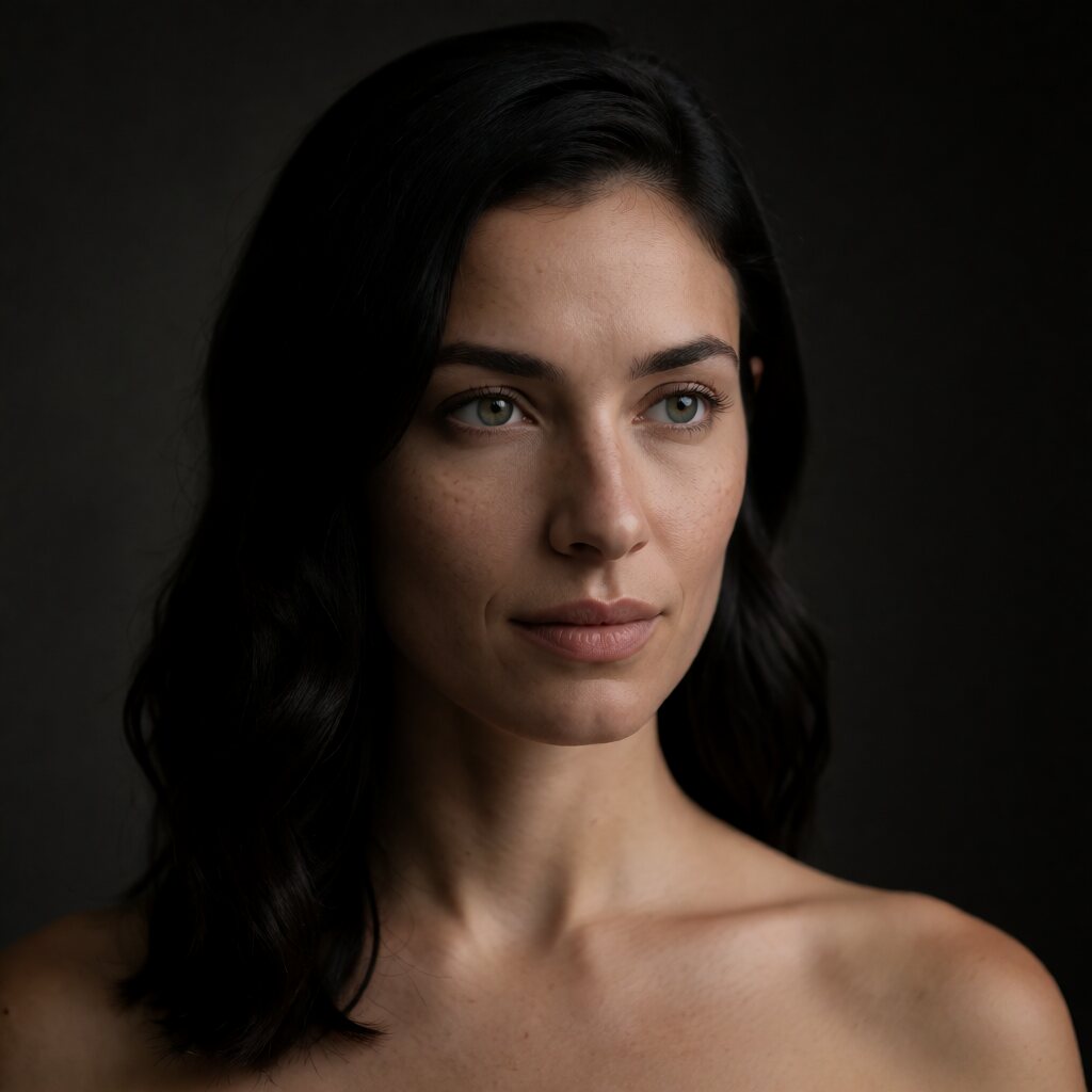 close-up portrait, frontal at medium distance, bare shoulders, dark mottled background, soft directional lighting