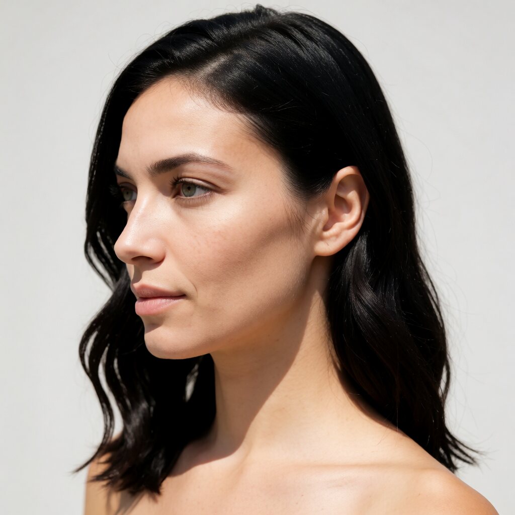 close-up, side view, bare shoulders, neutral background, bright sunlight