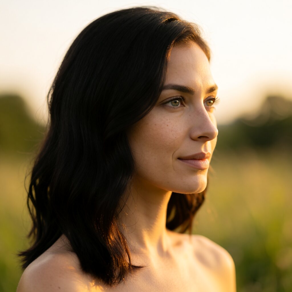 close-up shot, profile angle at medium distance, bare shoulders, grassy field background, golden hour backlighting