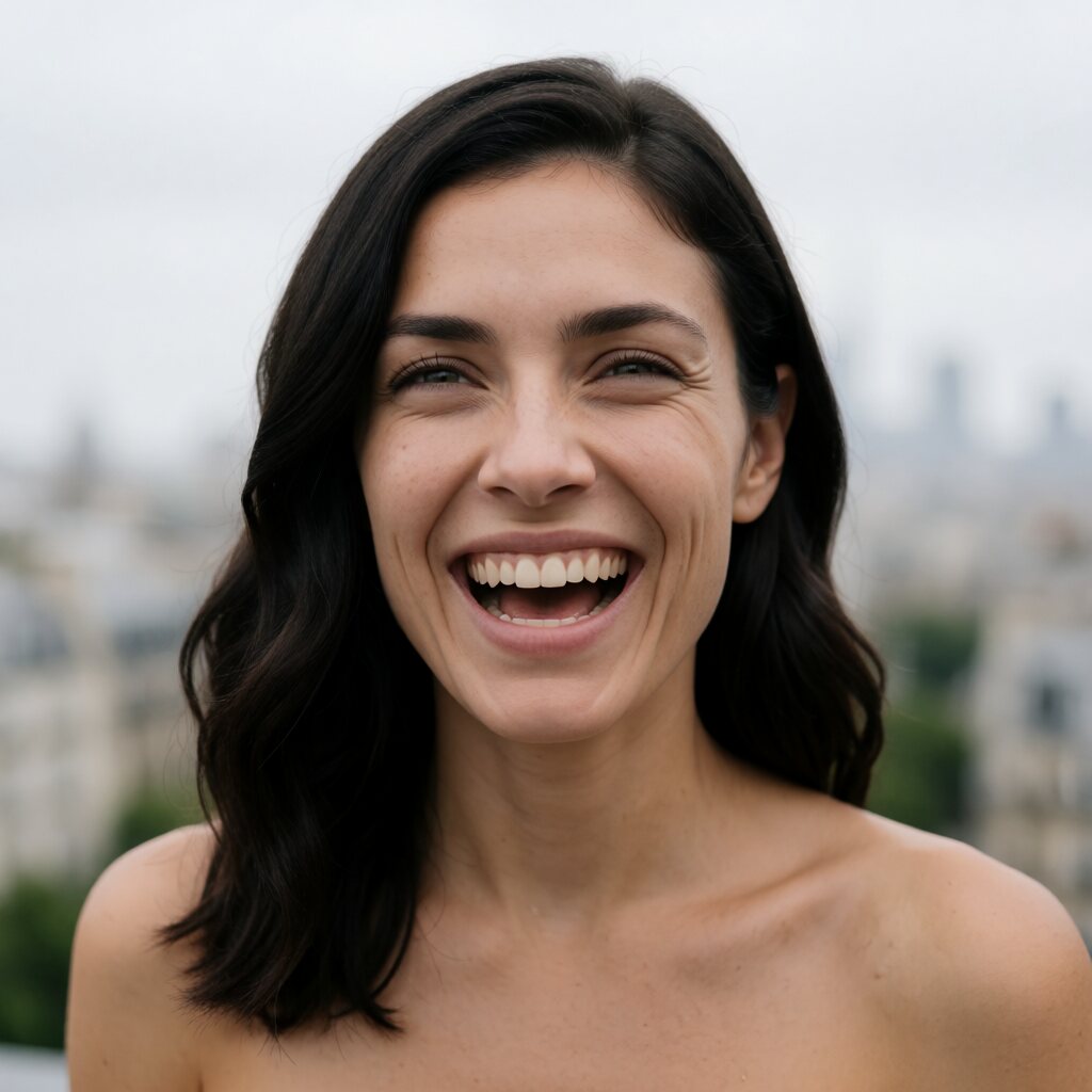 close-up, eye-level headshot, bare shoulders, blurred outdoor urban background, soft diffused daylight