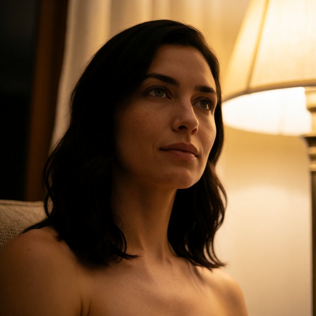 close-up, eye-level frontal, bare shoulders, indoor warm-lit room, soft directional lamplight