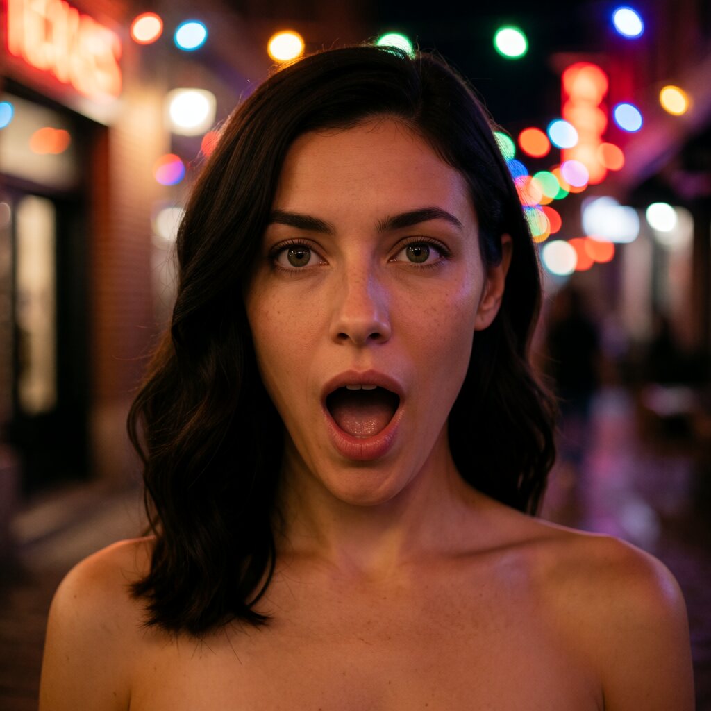 close-up shot, eye-level view, bare shoulders, vibrant city street at night, colorful bokeh lights
