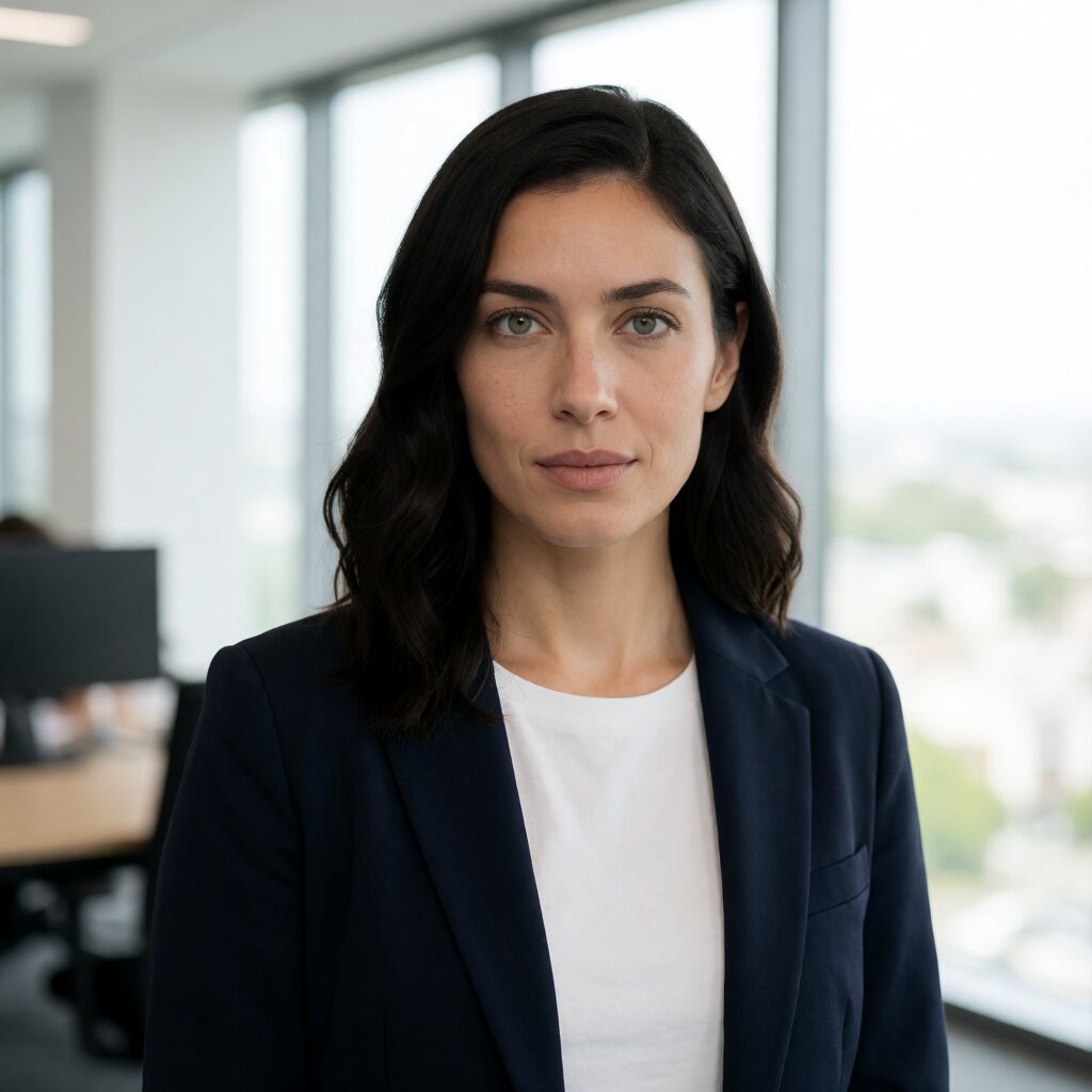 medium close-up, eye level, navy blazer over white top, bright modern office, soft natural light