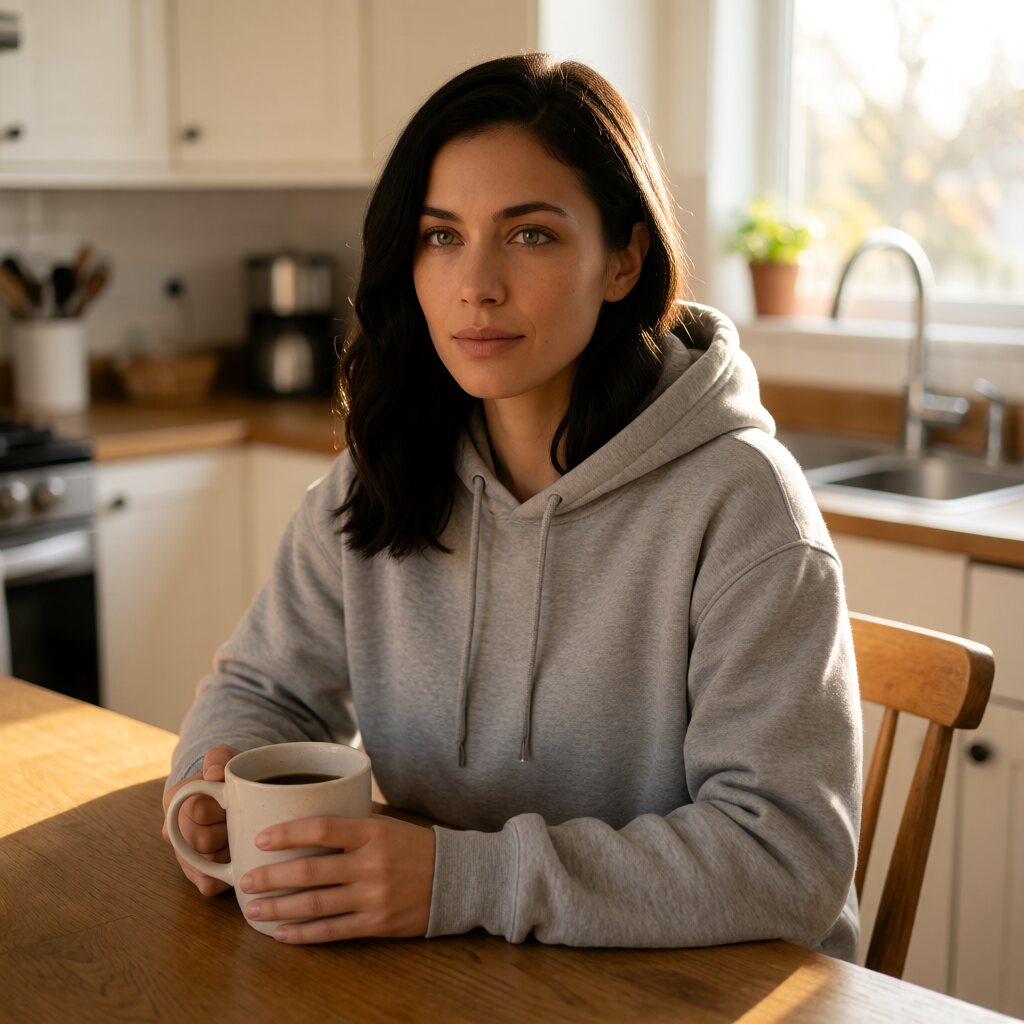 medium shot, eye-level, grey hoodie, sunlit kitchen, warm natural light