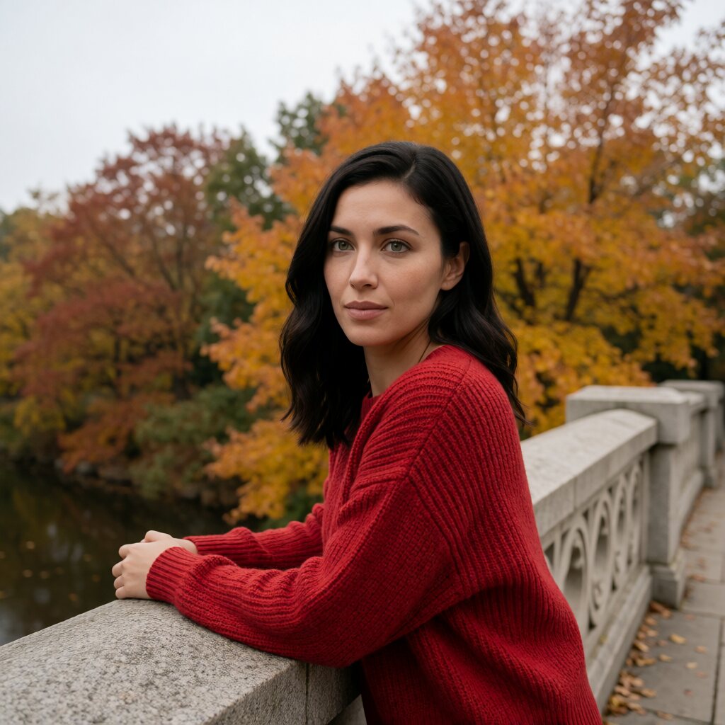 medium shot, slightly elevated angle, vibrant red knitted sweater, beside a stone railing overlooking an autumn park, soft diffused natural daylight