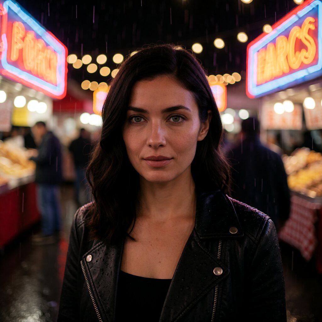 medium close-up, straight-on view, black leather jacket, outdoor night market, bokeh string lights