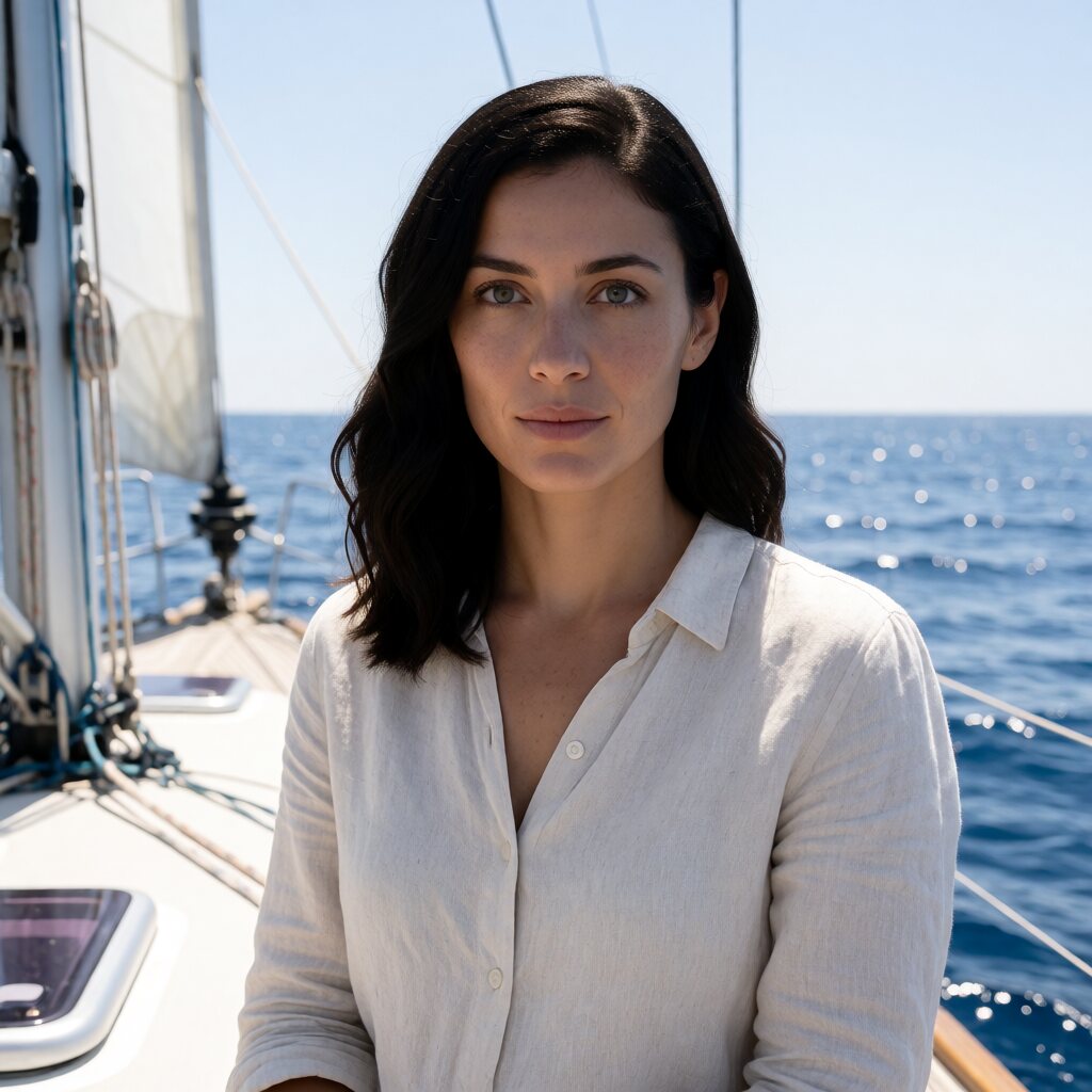 medium shot, eye level, off-white linen shirt, sailing boat, natural sunlight