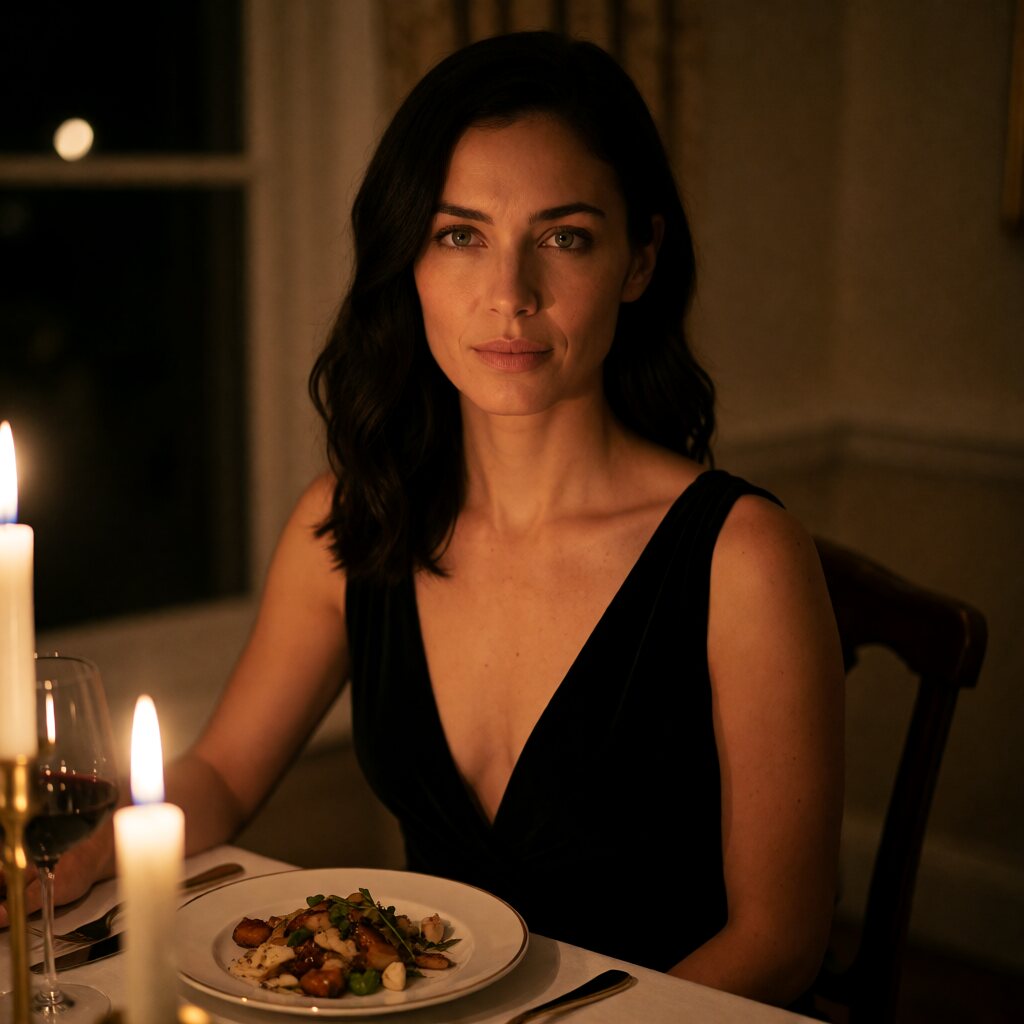 medium close-up, eye-level, low-cut black dress, candlelit dining room with plated food and wine glass, warm low-light