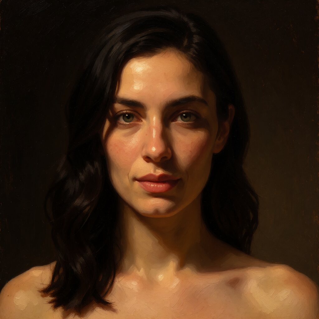 headshot, straight-on close-up, bare shoulders, dark backdrop, warm directional lighting