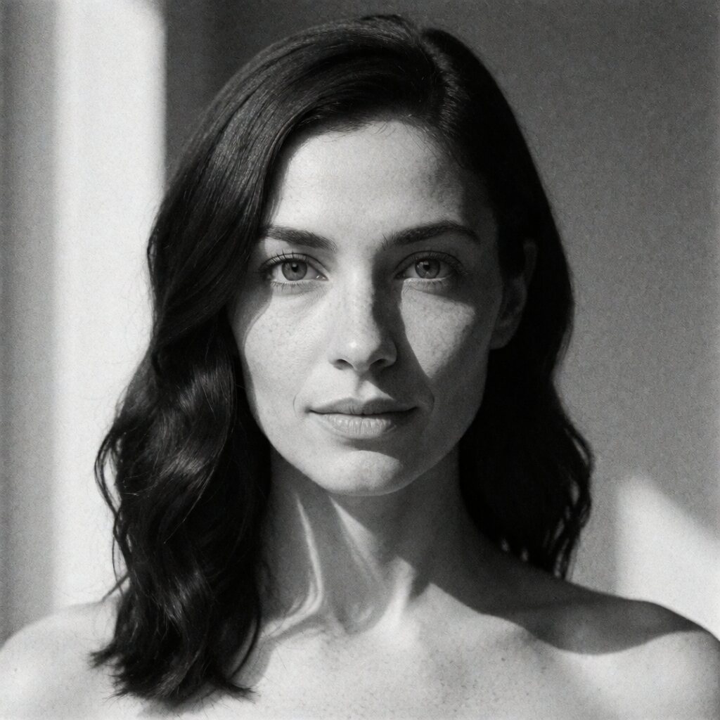 close-up shot, frontal camera angle and close distance, bare shoulders, plain background, dramatic side lighting with strong shadows