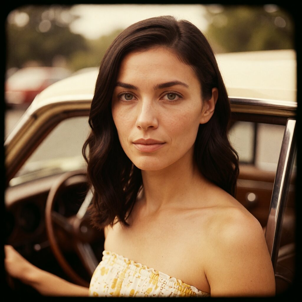 medium close-up, eye-level, strapless yellow floral top, near a vintage car, soft natural lighting