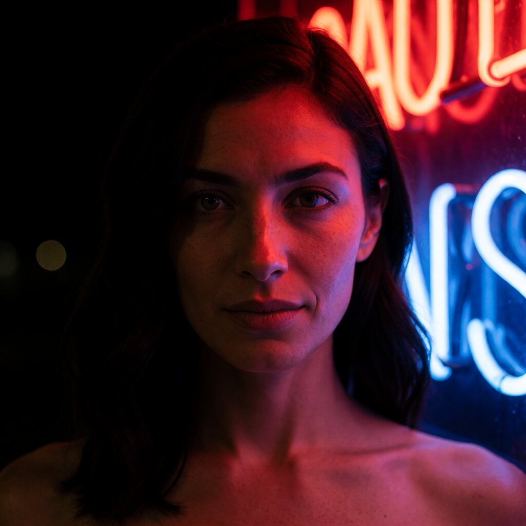 close-up shot, eye-level close distance, bare shoulders, neon signage setting, red and blue neon lighting
