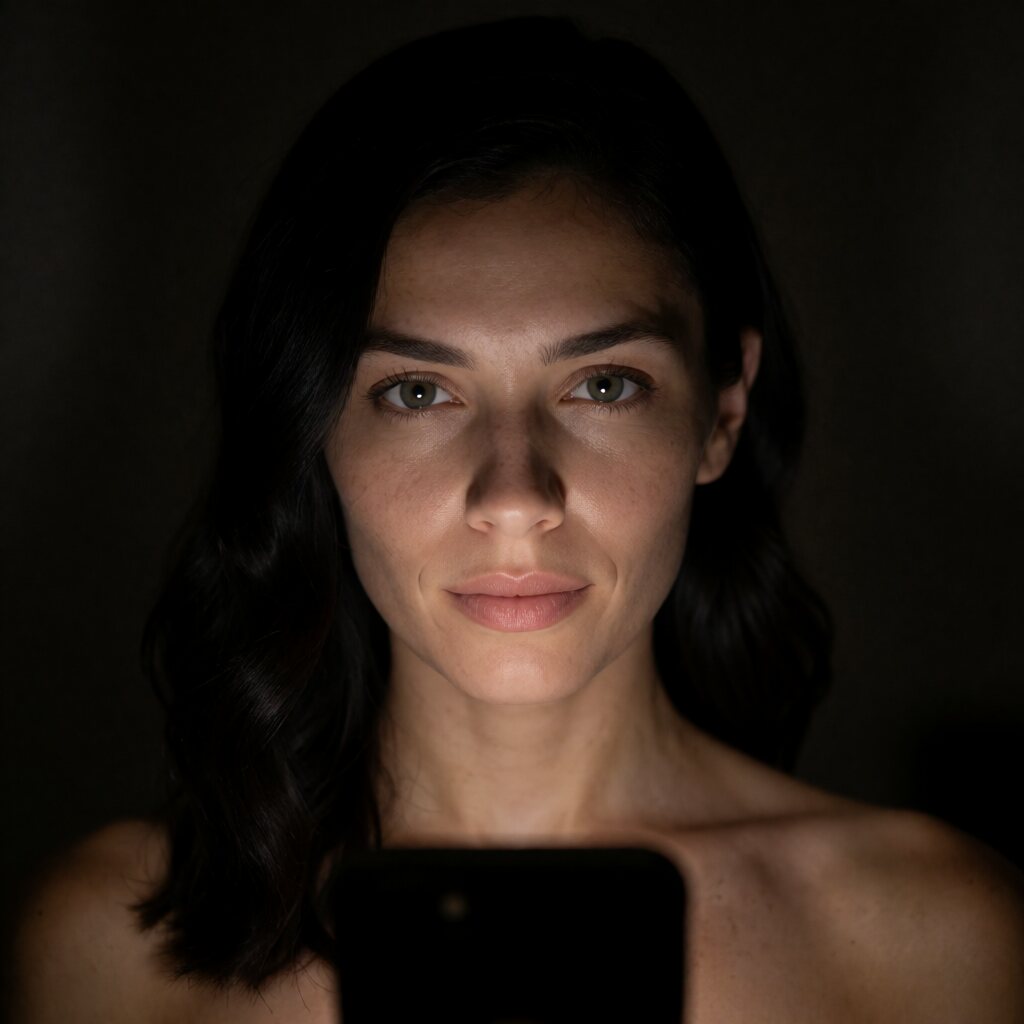close-up portrait, eye-level medium shot, bare shoulders, dark setting, low-key front lighting from device
