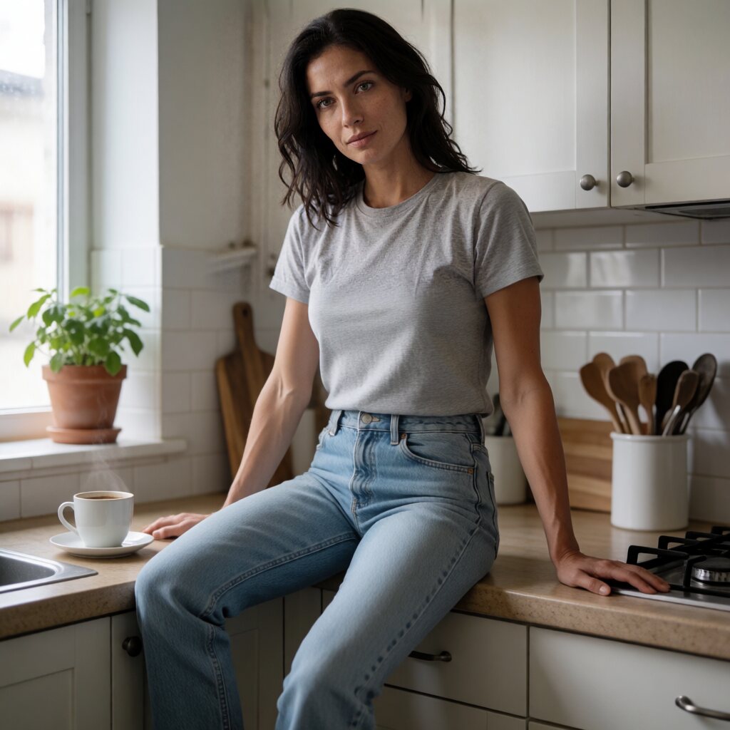 medium shot, eye level medium distance, light grey short-sleeve crew-neck t-shirt and light wash blue high-waisted denim jeans, rustic white-tiled kitchen count