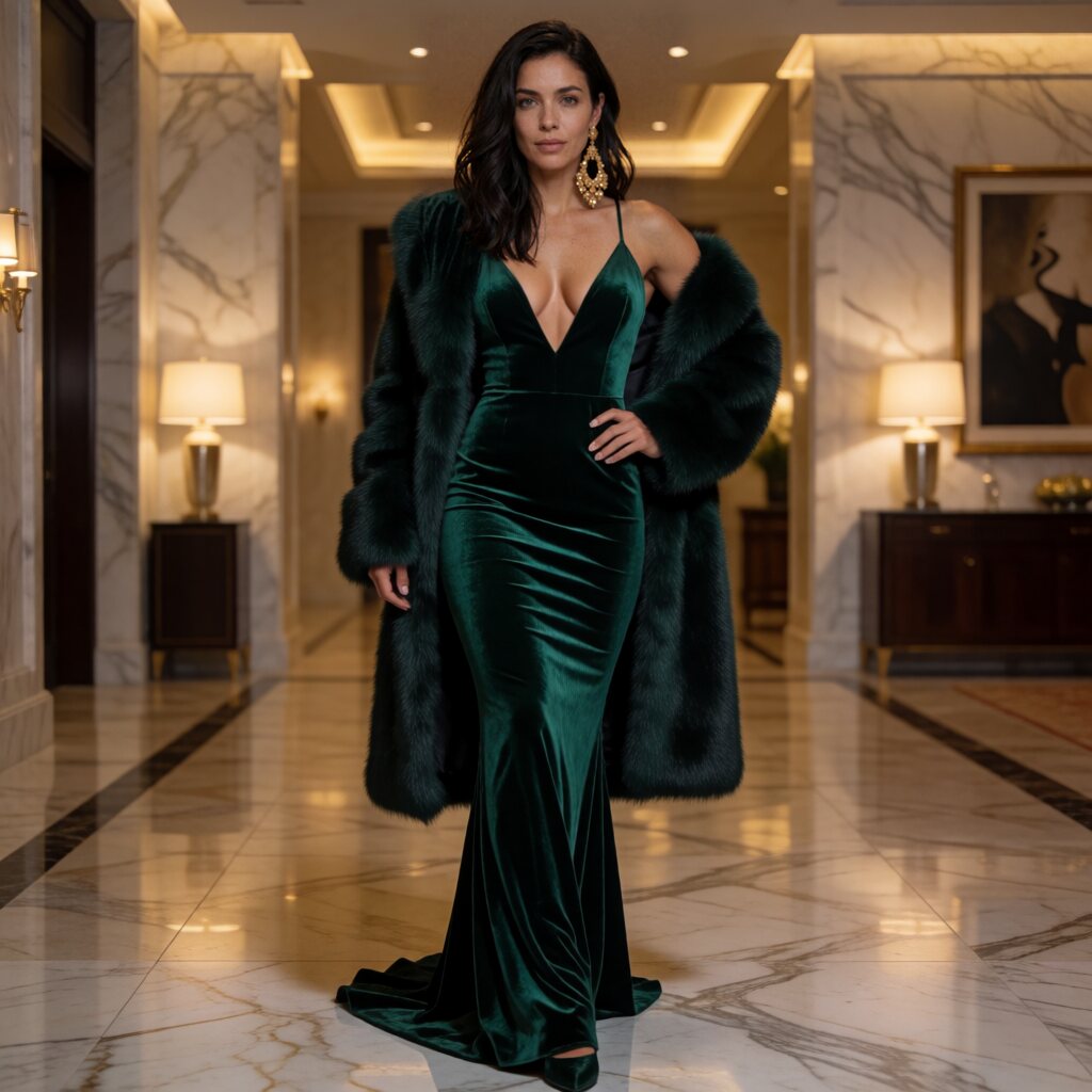 medium shot, waist-level angle, deep green velvet gown with fur coat, luxurious marble hallway, warm ambient lighting