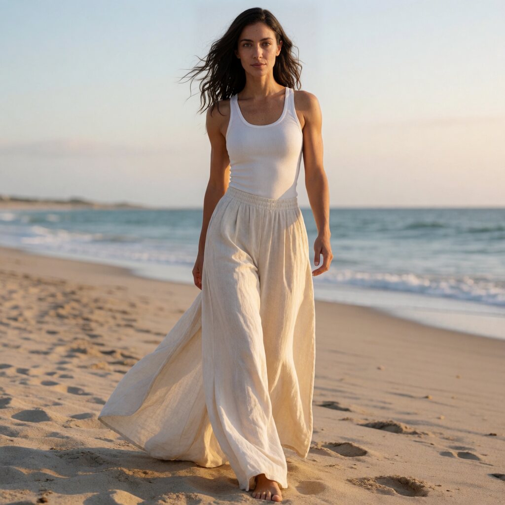 full body shot, eye-level medium-wide, white tank top and flowing wide-leg trousers, sandy beach with ocean waves, warm golden hour light