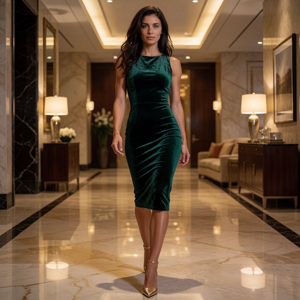 In a fitted emerald velvet midi dress and gold heels, walking toward the camera, marble hotel lobby, warm tungsten