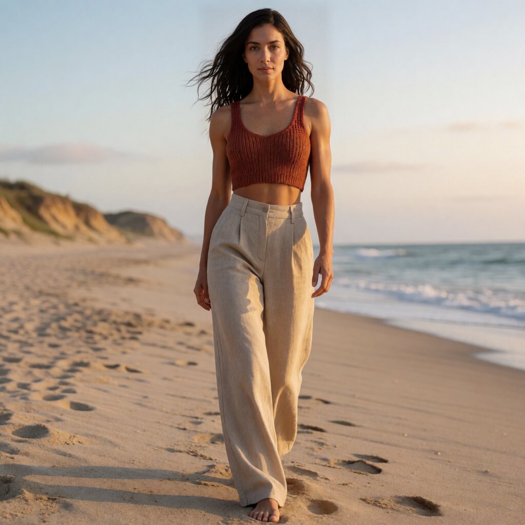 In high-waist sand linen trousers and a fitted rust knit crop top, barefoot on sand, walking toward the camera, beach, golden hour