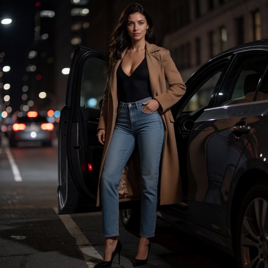 In a camel coat open over a black bodysuit and straight jeans, standing by a dark car door, city street at night, city bokeh, low key