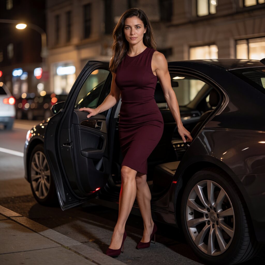 In a fitted oxblood dress stepping out of a dark car, wide shot from across the street, city street at night, bokeh